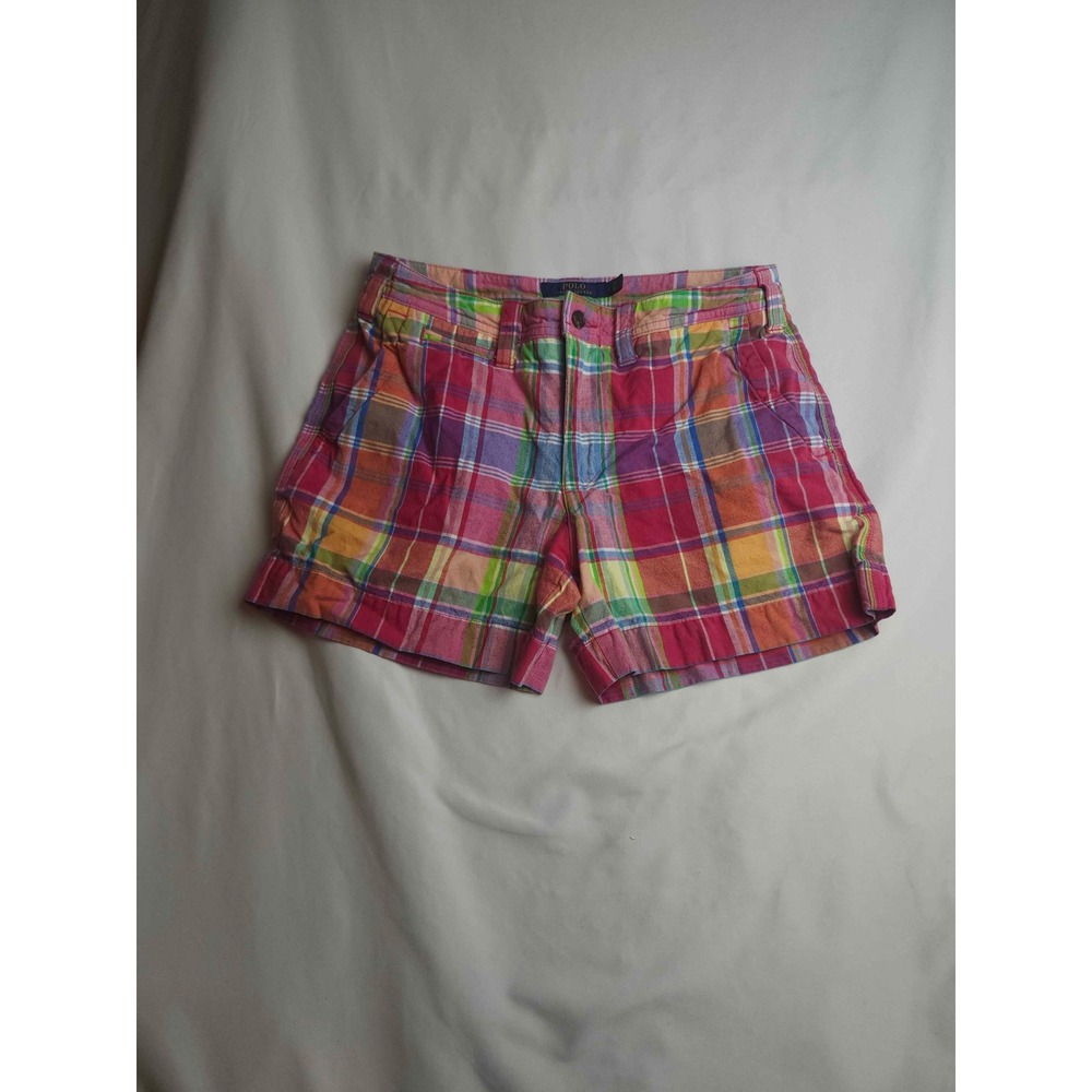 Polo‎ Ralph Lauren Womens Plaid Cotton Linen Shorts Pink Multi Color Size 2